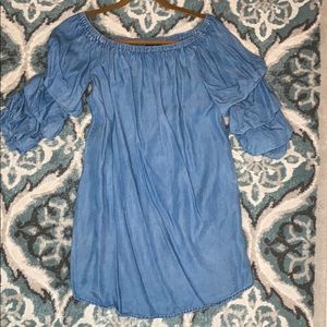 Super cute off the shoulder jean dress